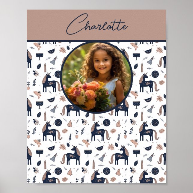 Kids Navy Beige Unicorn Custom Photo with Name Poster (Front)