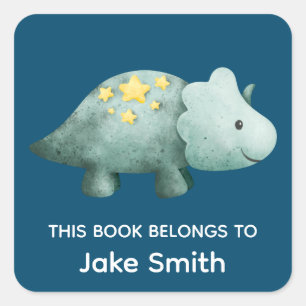Kids Navy Blue Dinosaur and Name School Books Square Sticker
