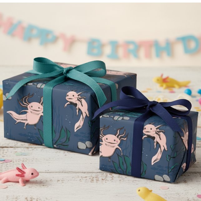 Kids Navy Green Underwater Axolotl Drawing Wrapping Paper (Cute Axolotl Animal Navy Blue Wrapping Paper for Kids Birthday. Fun Pet Salamander Unique Gift Wrap)