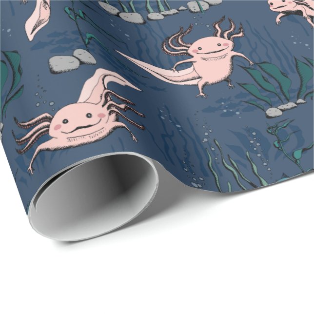 Kids Navy Green Underwater Axolotl Drawing Wrapping Paper (Roll Corner)