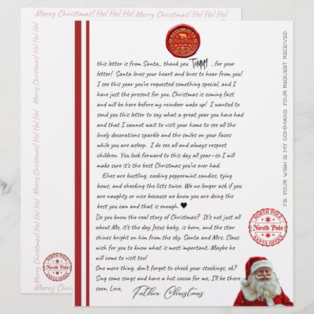 Kid's North Pole Comfirmation Letter From Santa (Front/Back)