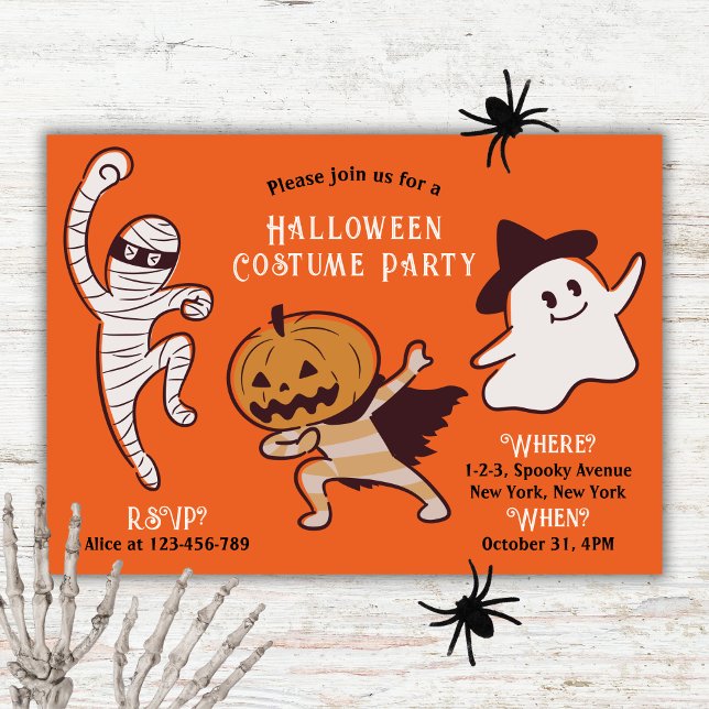 Kids Not-So-Scary Halloween Costume Party Invitation (Kids Not So Scary Halloween Costume Party. Mummy, Pumpkin Monster, Cute Ghost.)