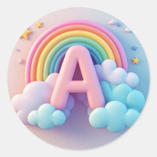 🧸 Kids Nursery Letter A Rainbow Clouds Pastel 3D Classic Round Sticker