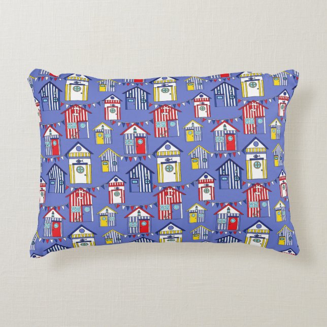 Kids Nursery Red White and Blue Beach Huts Print Decorative Cushion (Front)