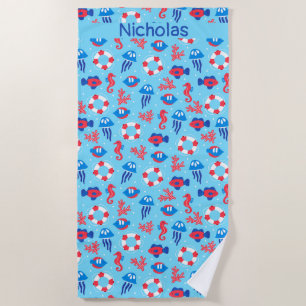 Kids Ocean Elements Pattern Personalised Beach Towel