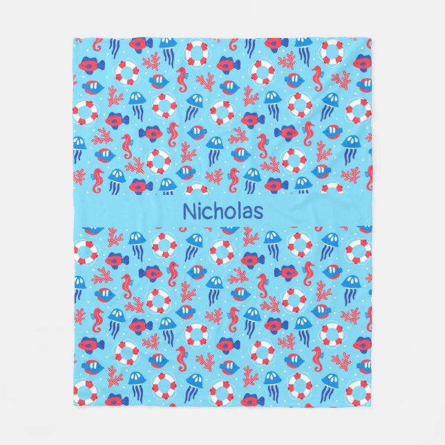 Kids Ocean Elements Pattern Personalised Fleece Blanket (Front)