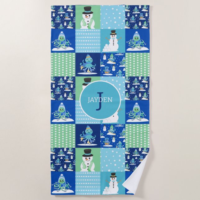 Kids Octopus Winter Sports Patchwork Personalised  Beach Towel (Front)