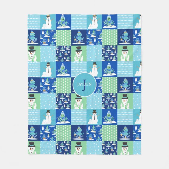 Kids Octopus Winter Sports Patchwork Personalised  Fleece Blanket (Front)