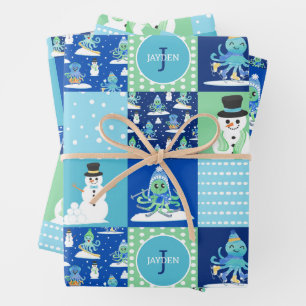 Kids Octopus Winter Sports Patchwork Personalised  Wrapping Paper Sheet