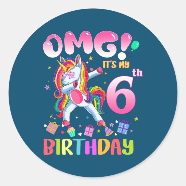 Kids OMG It's My 6th Birthday Girls Dabbing Classic Round Sticker (Front)
