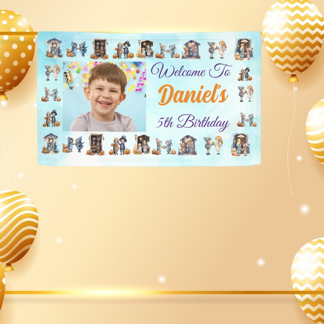 Kids on Halloween Theme Light Blue Birthday Banner (Creator Uploaded)