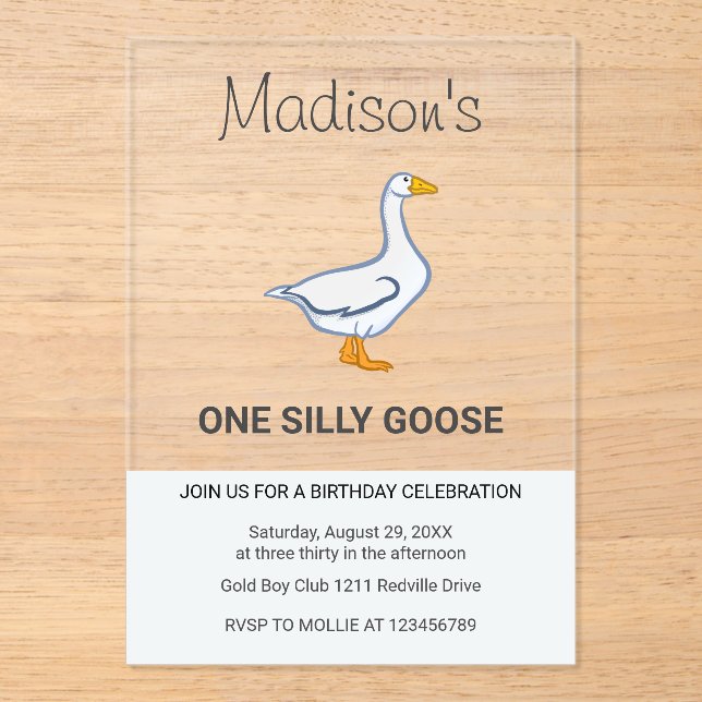 Kids One Silly Goose First Birthday Acrylic Invitations (Front)