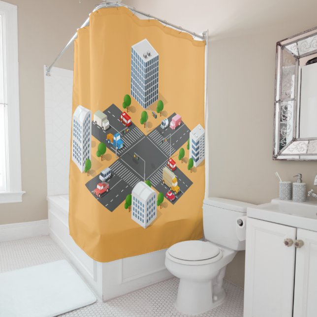 Kids Orange Cars Shower Curtain (In Situ)