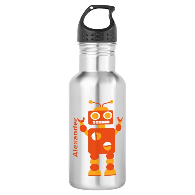 Kids Orange Crazy Boy Robot Personalised 532 Ml Water Bottle (Front)