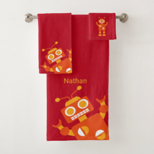 Kids Orange Red Robot Personalised Fun Bath Towel Set