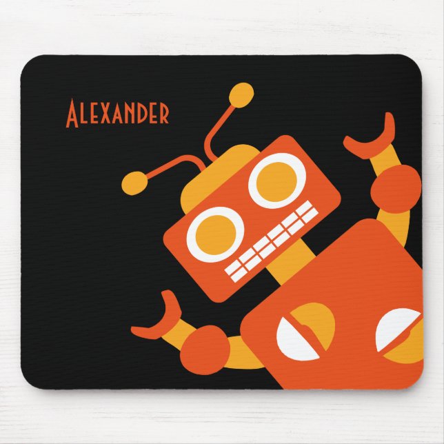 Kids Orange Robot Personalised Cool Modern Boys Mouse Mat (Front)