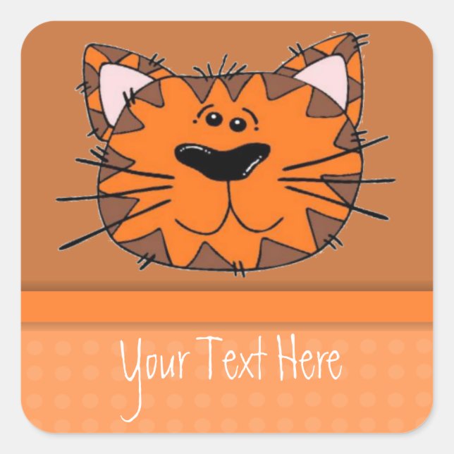 Kids Orange Tiger Stripe Cat Personalised Square Sticker (Front)
