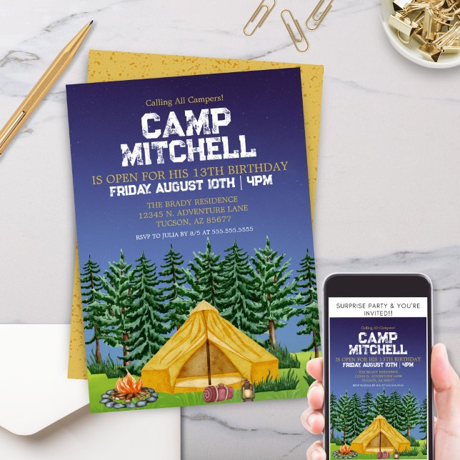 Kids Outdoors Woodland Camp Out Birthday Invitation (Kids Scouts Outdoor Adventure Campout Camping Birthday Party Invitation for Boys or Girls)