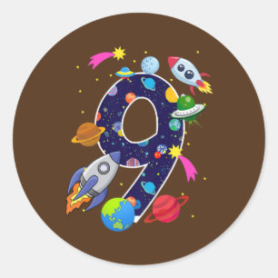 Kids Outer Space 9 Year Old 9th Birthday Planets Classic Round Sticker