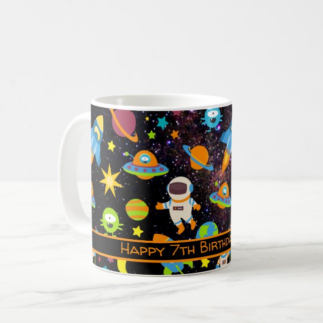 Kids Outer Space Astronaut Black Coffee Mug (Front Left)