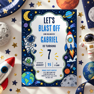 Kids Outer Space Birthday Astronaut Rocket Party Invitation