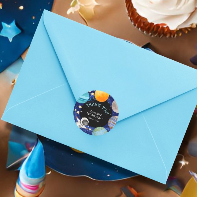 Kid's Outer Space Birthday Thank You Classic Round Sticker (Creator Uploaded)
