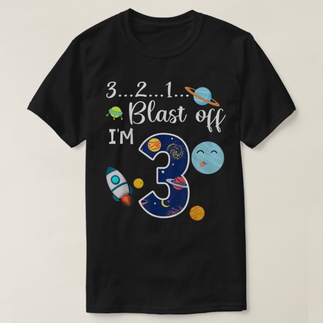 Kids Outer Space Blast Off 3 Year Old 3rd Birthday T-Shirt (Design Front)