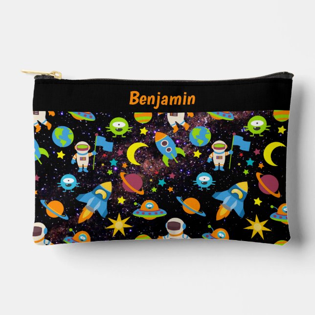 Kids Outer Space Rocket Planet Black Accessory Pouch (Front)