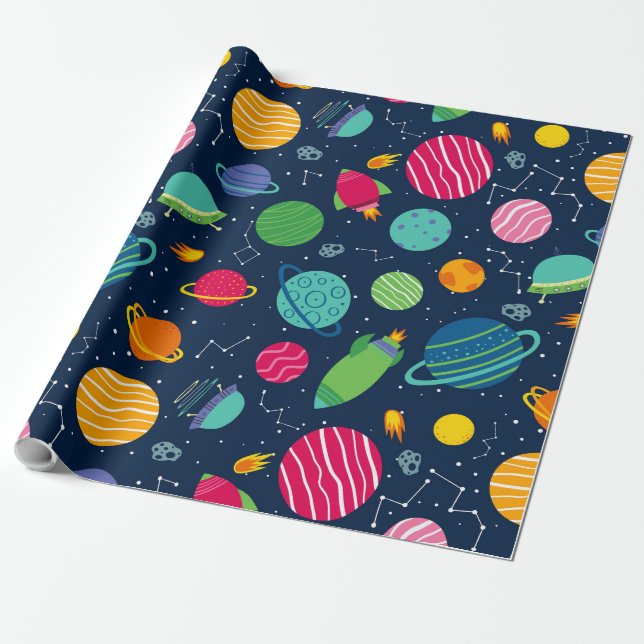 Kids Outer Space Rockets Planets Constellations Wrapping Paper (Unrolled)