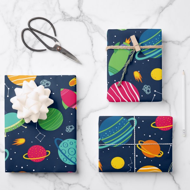 Kids Outer Space Rockets Planets Constellations Wrapping Paper Sheet (Front)