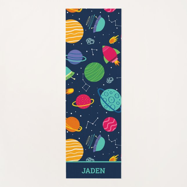 Kids Outer Space Rockets Planets Constellations Yoga Mat (Front)