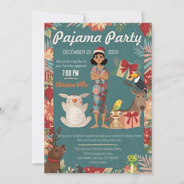 Kids Pajama Party Christmas Holiday Cozy Animals  Invitation (Front)