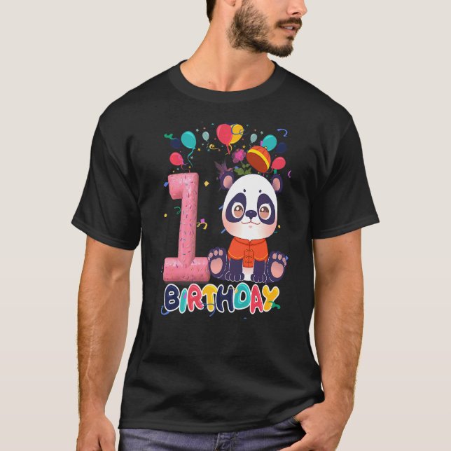 Kids Panda Birthday Party 1 Year Old Boy 1th Panda T-Shirt (Front)