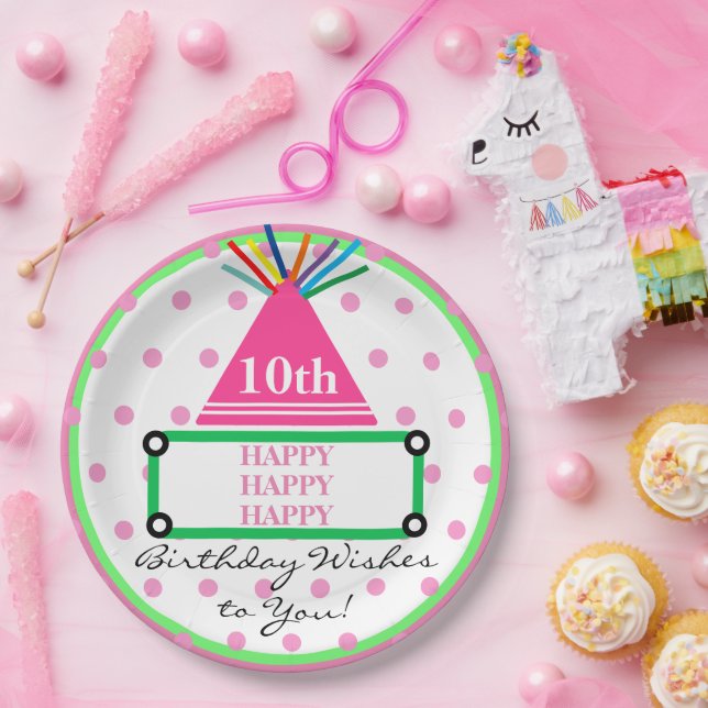 Kids Party Hat Green Pink Polka Dots Paper Plate (Party)