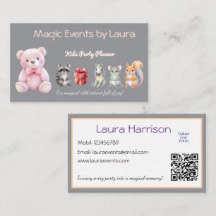Kids Party Planner Pastel Teddy Bear QR Code Logo Business Card