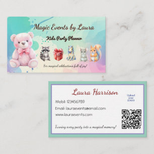 Kids Party Planner Pastel Teddy Bear QR Code Logo Business Card