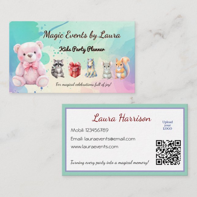 Kids Party Planner Pastel Teddy Bear QR Code Logo Business Card (Front/Back)