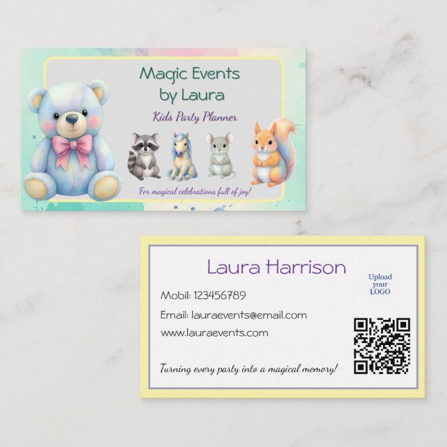 Kids Party Planner Pastel Teddy Bear QR Code Logo Business Card (Front/Back)
