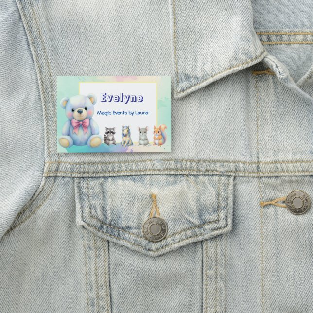Kids Party Planner Pastel Teddy Bear QR Code Logo Name Tag (In Situ)