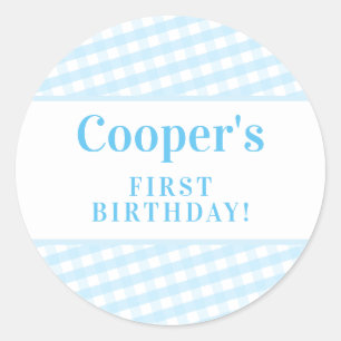 KIDS PARTY vintage gingham pattern boy blue Classic Round Sticker