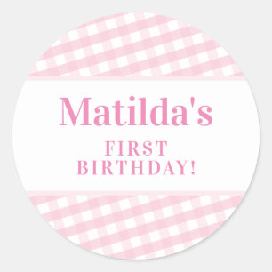 KIDS PARTY vintage gingham pattern girl pink Classic Round Sticker