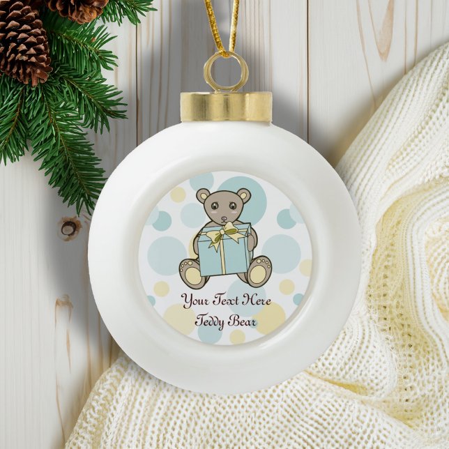 Kids Pastel Blue and Yellow Cute Teddy Bear Ceramic Ball Christmas Ornament (Creator Uploaded)