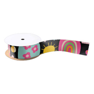 Kids Pastel Colours on Black Cute Animals Satin Ribbon