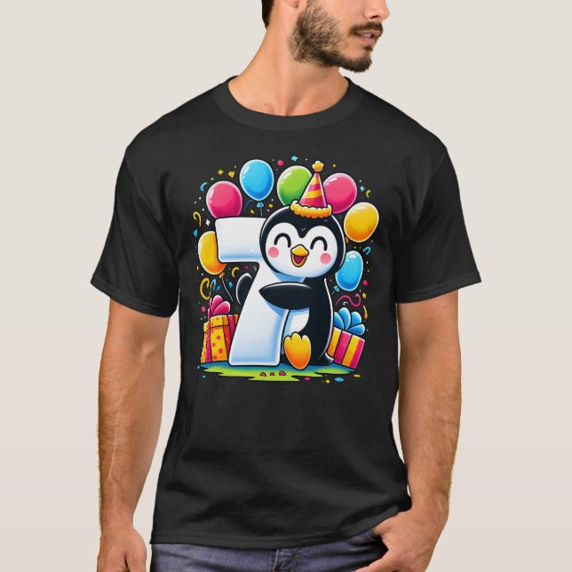 Kids Penguin Theme seventh Bday Party 7th Penguin  T-Shirt (Front)