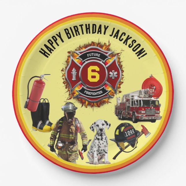 Kids Personalise Age & Name Firefighter Birthday Paper Plate (Front)