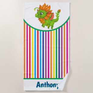 Kids Personalise Playful Green Dragon Beach Towel