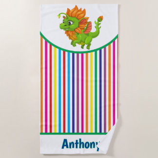 Kids Personalise Playful Green Dragon Beach Towel