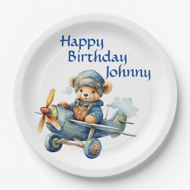 Kids Personalised Aeroplane Teddy   Paper Plate (Front)