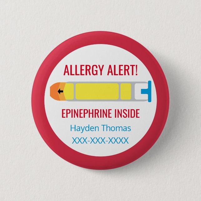 Kids Personalised Allergy Alert Epinephrine Inside 6 Cm Round Badge (Front)