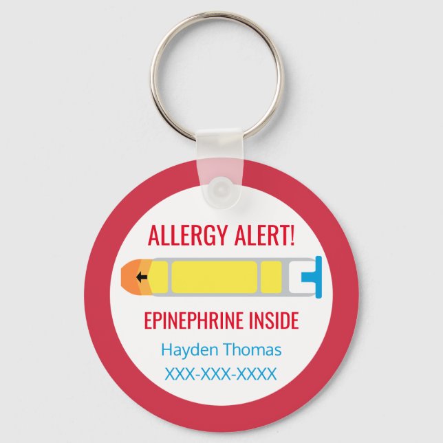 Kids Personalised Allergy Alert Epinephrine Red Key Ring (Front)